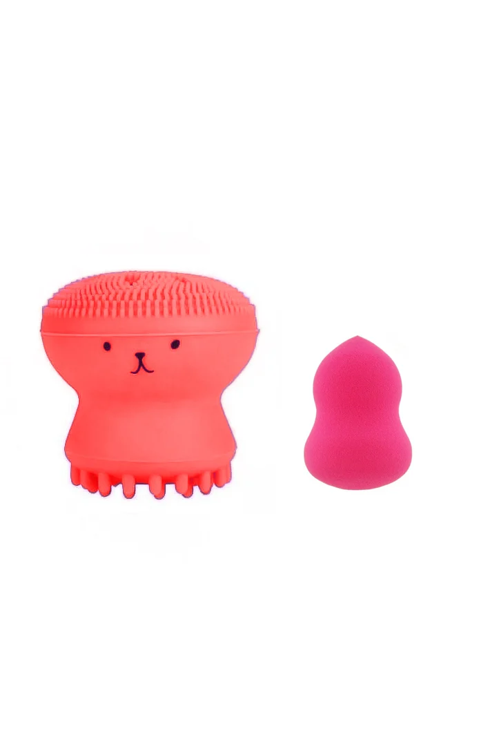 Set Bonita cu buretel cosmetic in forma de para si dispozitiv de curatare faciala, din silicon, rosu/roz, Doty