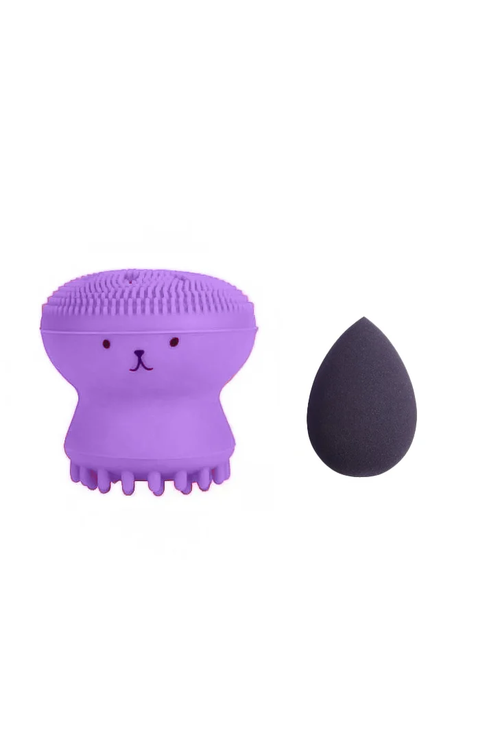 Set Bonita cu buretel cosmetic in forma de lacrima si dispozitiv de curatare faciala, din silicon, mov/mov inchis, Doty