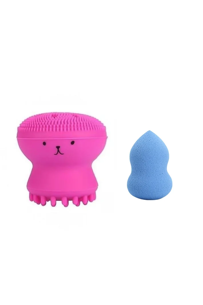 Set Bonita cu buretel cosmetic in forma de para si dispozitiv de curatare faciala, din silicon, roz/albastru, Doty