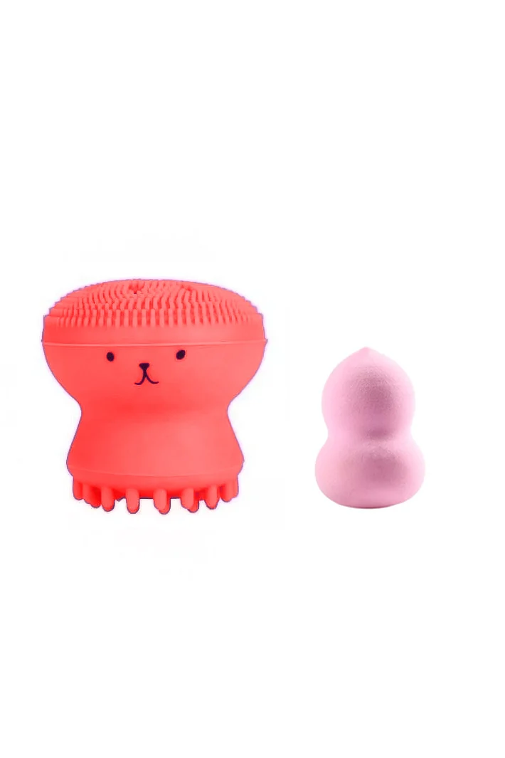 Set Bonita cu buretel cosmetic in forma de para si dispozitiv de curatare faciala, din silicon, rosu/roz pudra, Doty