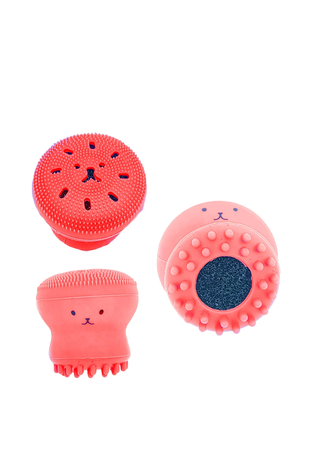 Set Bonita cu buretel cosmetic in forma de para si dispozitiv de curatare faciala, din silicon, rosu/roz pudra, Doty