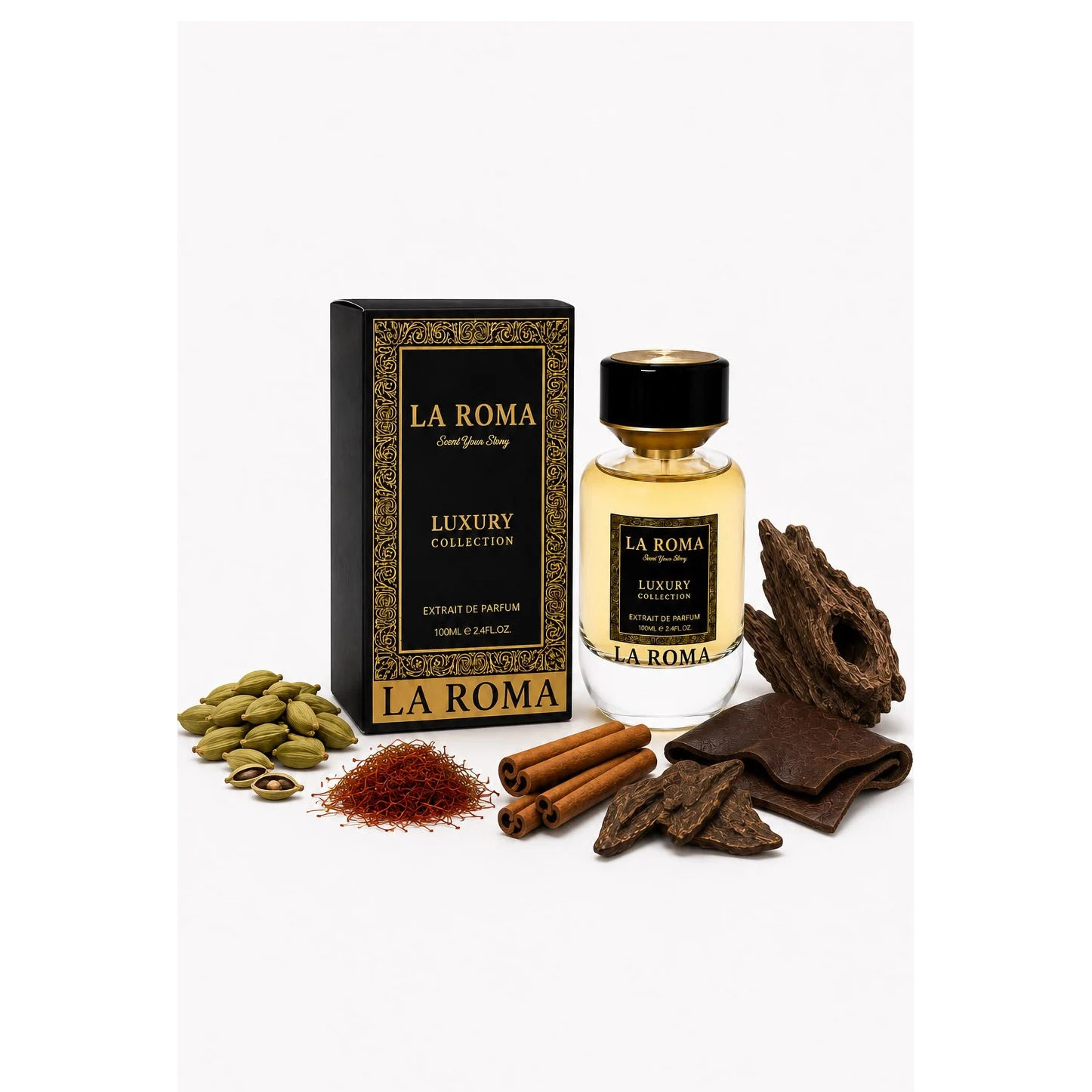Parfum unisex La Roma Luxury A-5 AfroLeather, oriental-condimentat, cardamon, sofran, scortisoara, piele si oud, intens si sofisticat, prezenta puternica si memorabila, 100ml