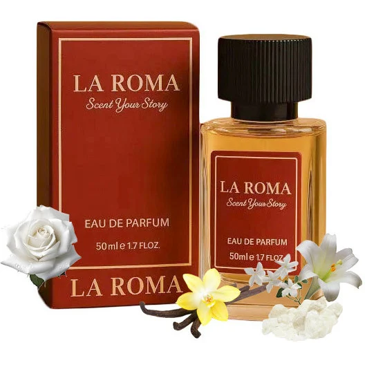 Apa de Parfum pentru barbati La Roma M-12 Vanille Ros, creat pentru persoane rafinate, sigure pe sine, sofisticate, oriental-vanilata, miros intens, trandafir, vanilie, mosc alb, 50ml