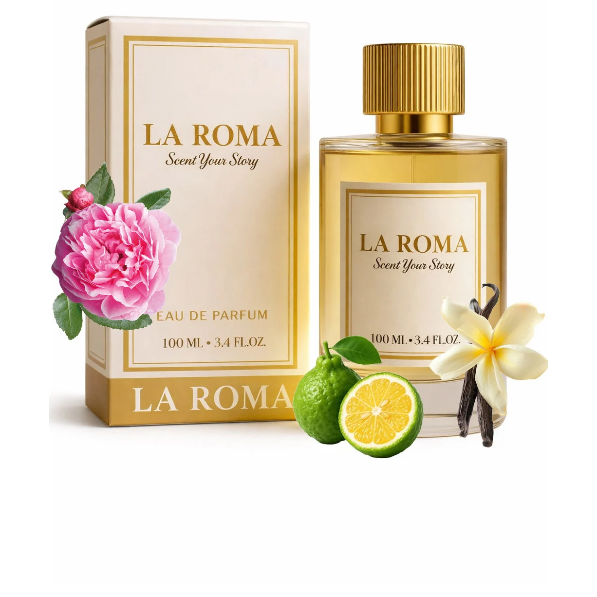Apa de Parfum pentru femei La Roma W-15 Vanilya, bergamota, trandafir turcesc si vanilie, intens, vanilat, sofisticat si seducator, aroma eleganta si memorabila, 100ml