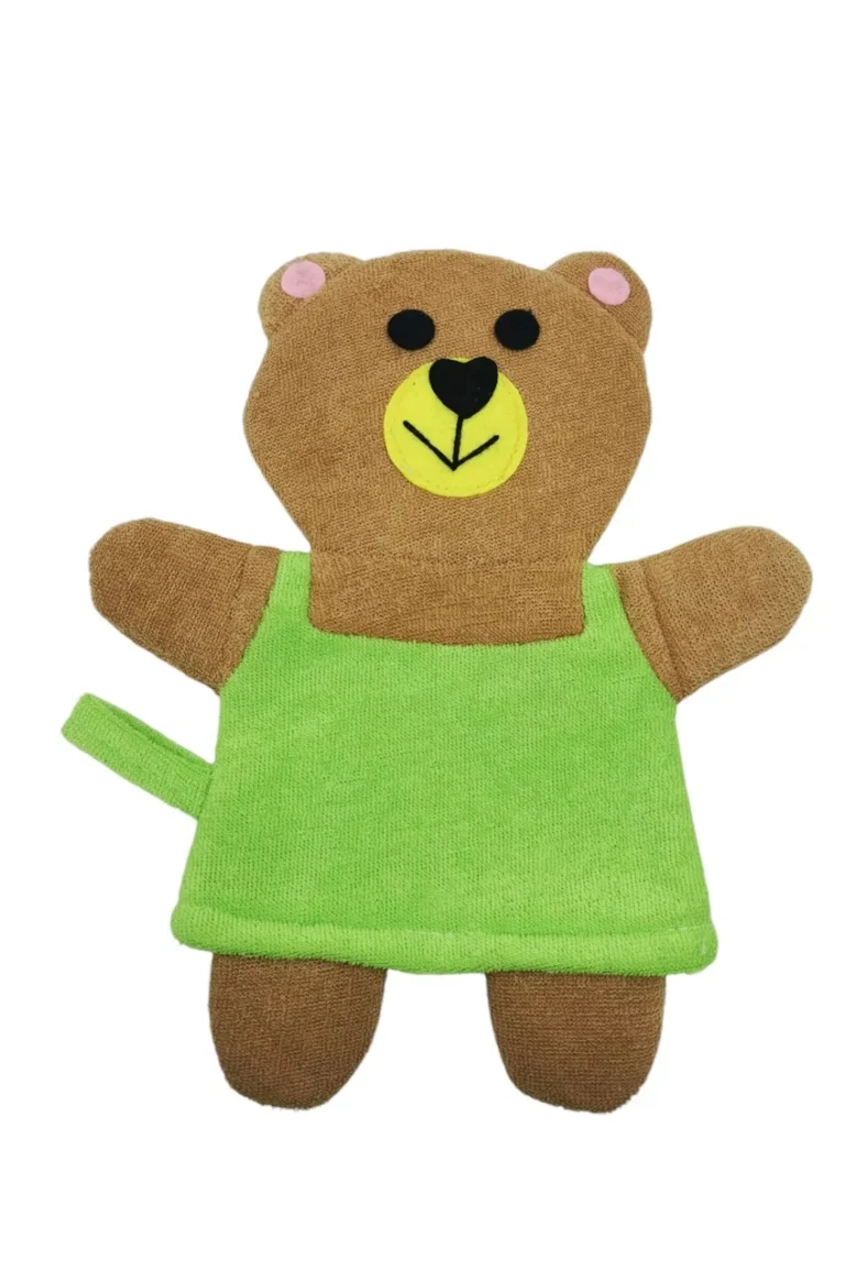 Manusa de baie BearBath, forma urs, cu agatatoare, efect exfoliant, 24x19 cm, maro/verde, Doty®️