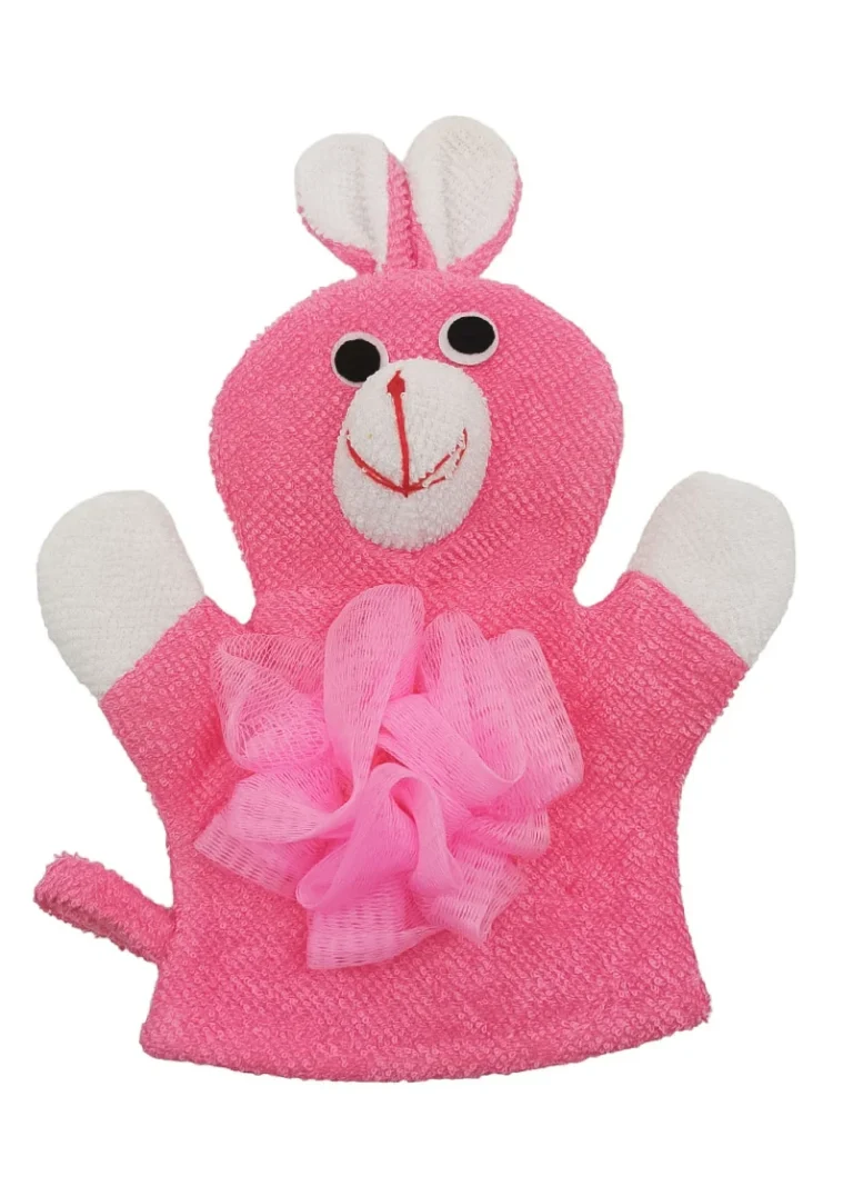 Manusa de baie BunnyBath, forma iepure, cu 2 fete, efect exfoliant, 26x20 cm, roz, Doty®️