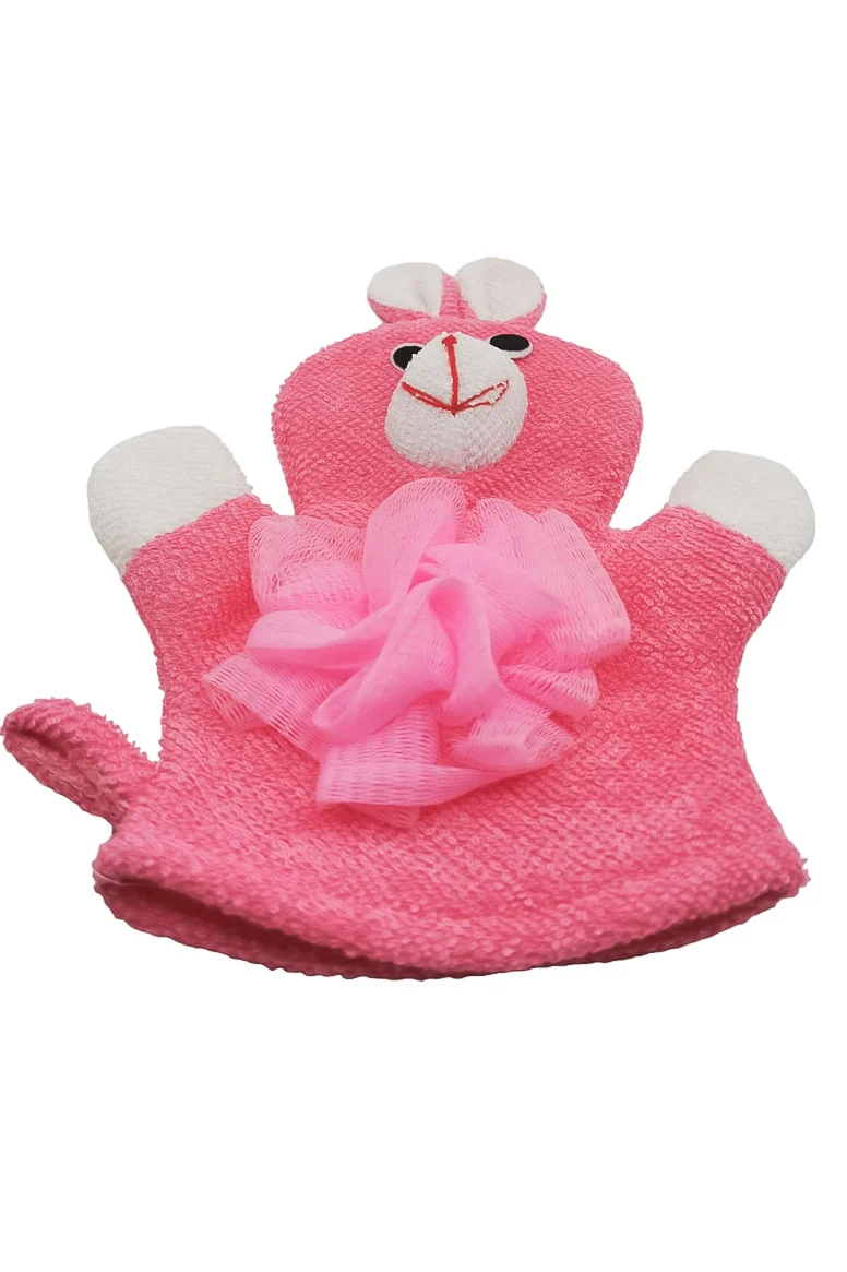 Manusa de baie BunnyBath, forma iepure, cu 2 fete, efect exfoliant, 26x20 cm, roz, Doty®️ – imagine 2