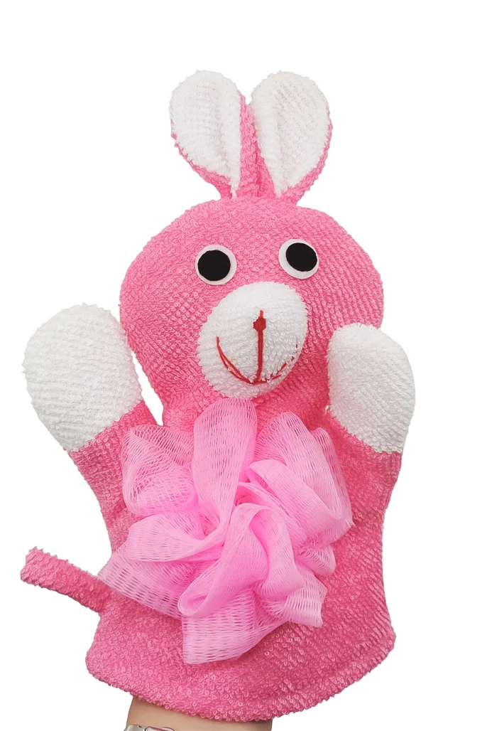 Manusa de baie BunnyBath, forma iepure, cu 2 fete, efect exfoliant, 26x20 cm, roz, Doty®️ – imagine 3