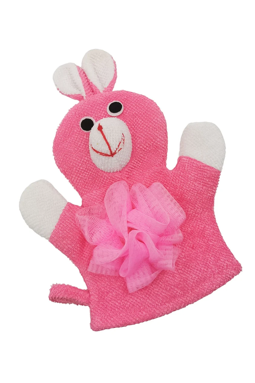 Manusa de baie BunnyBath, forma iepure, cu 2 fete, efect exfoliant, 26x20 cm, roz, Doty®️ – imagine 5