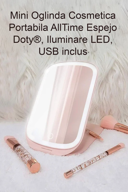 Mini Oglinda Cosmetica Portabila AllTime Espejo Doty®, iluminare LED, 3 tipuri de lumina, USB inclus, 20×13 cm, practica si usor de transportat, design minimalist si elegant, roz pudra – prezentarea produsului