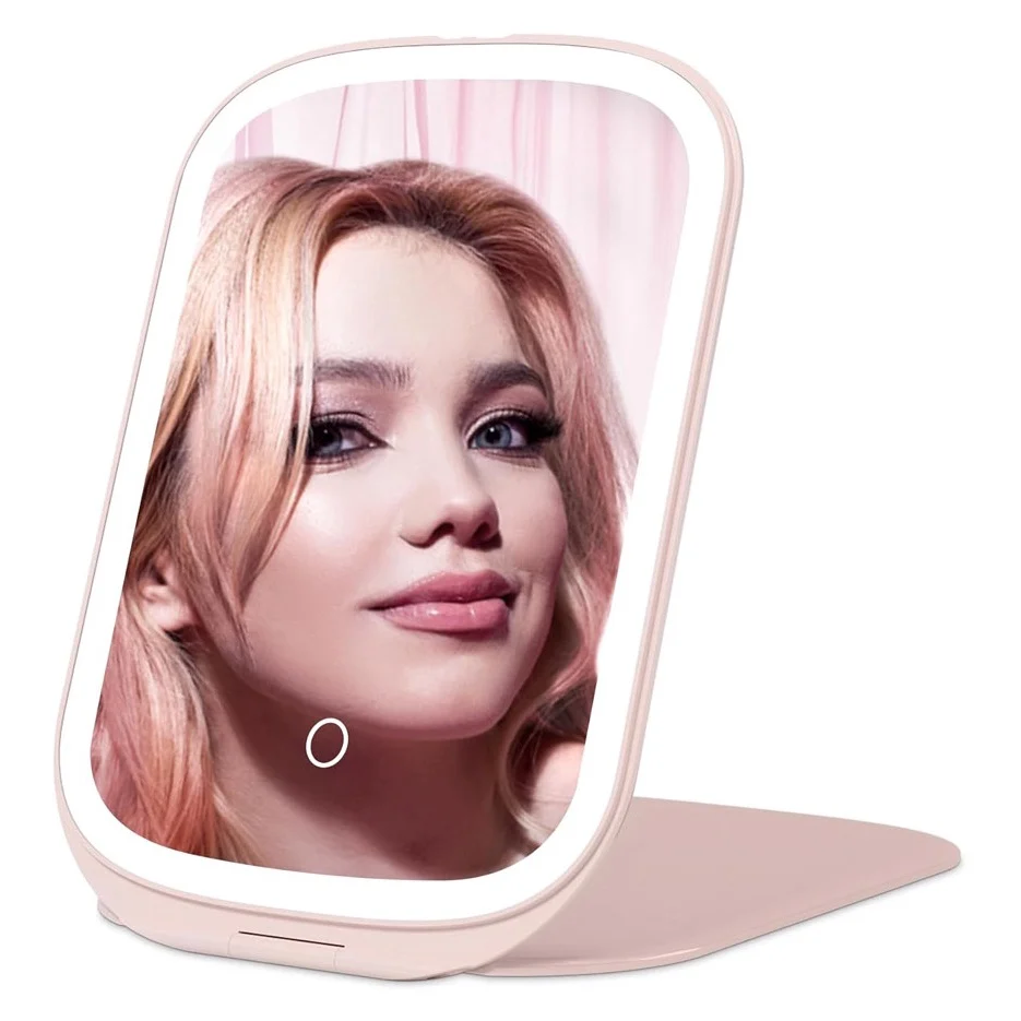Mini Oglinda Cosmetica Portabila AllTime Espejo Doty®, iluminare LED, 3 tipuri de lumina, USB inclus, 20x13 cm, practica si usor de transportat, design minimalist si elegant, roz pudra – imagine 3
