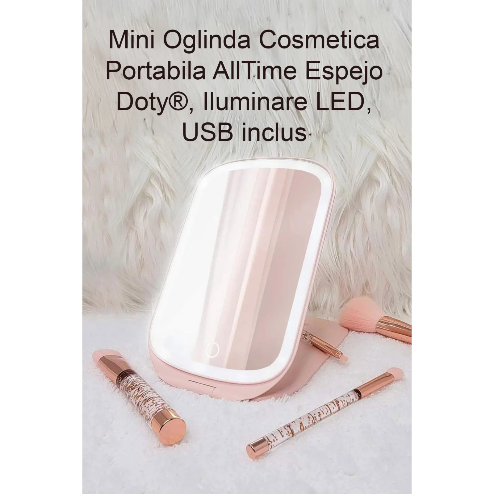 Mini Oglinda Cosmetica Portabila AllTime Espejo Doty®, iluminare LED, 3 tipuri de lumina, USB inclus, 20x13 cm, practica si usor de transportat, design minimalist si elegant, roz pudra – imagine 5