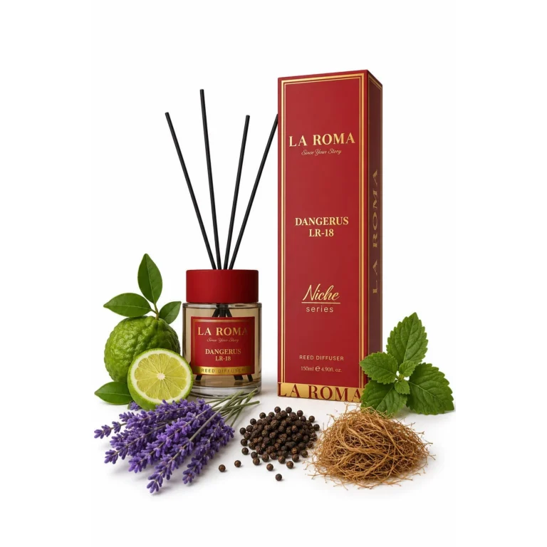 Odorizant de camera cu bete La Roma nisa LR-18 Dangerus, lamaie, bergamota, condimente orientale si lavanda, difuzare constanta si uniforma, 120ml