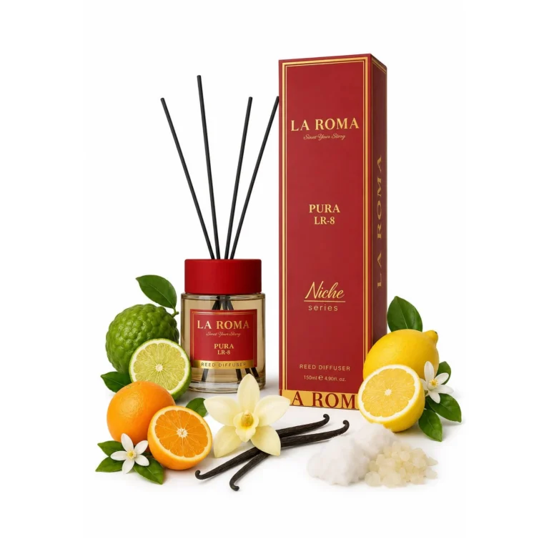 Odorizant de camera cu bete La Roma nisa LR-8 Pura, bergamota, mosc si vanilie, difuzare constanta si uniforma, 120ml