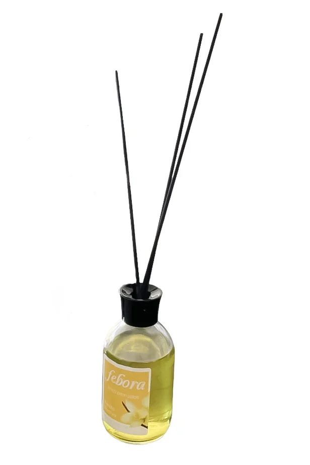 Odorizant de camera Febora Scent, aroma vanilie, 100 ml, sticla transparenta, betisoare ratan