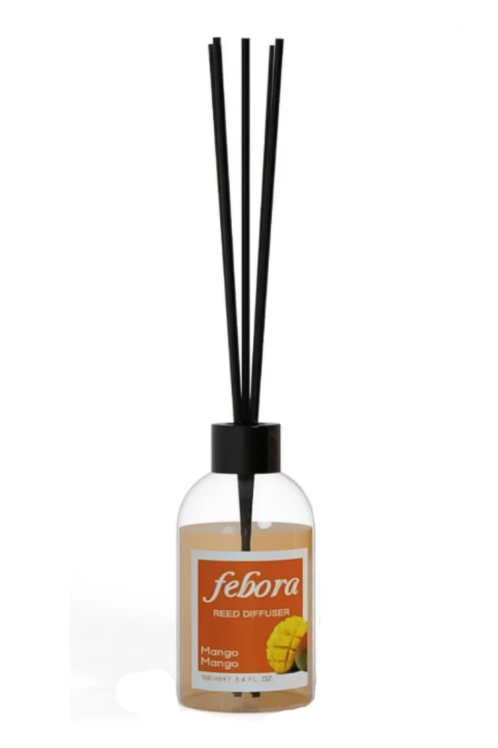 Odorizant de camera Febora Scent, aroma mango, 100 ml, sticla transparenta, betisoare ratan