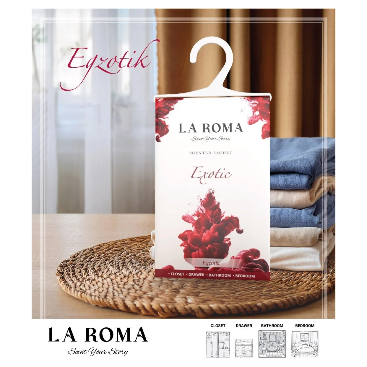 Odorizant solid universal La Roma Exotic, saculet parfumat, potrivite pentru cei care prefera aromele intense, exotice, fructate si florale, ideal pentru dressing, baie sau camera – imagine 2