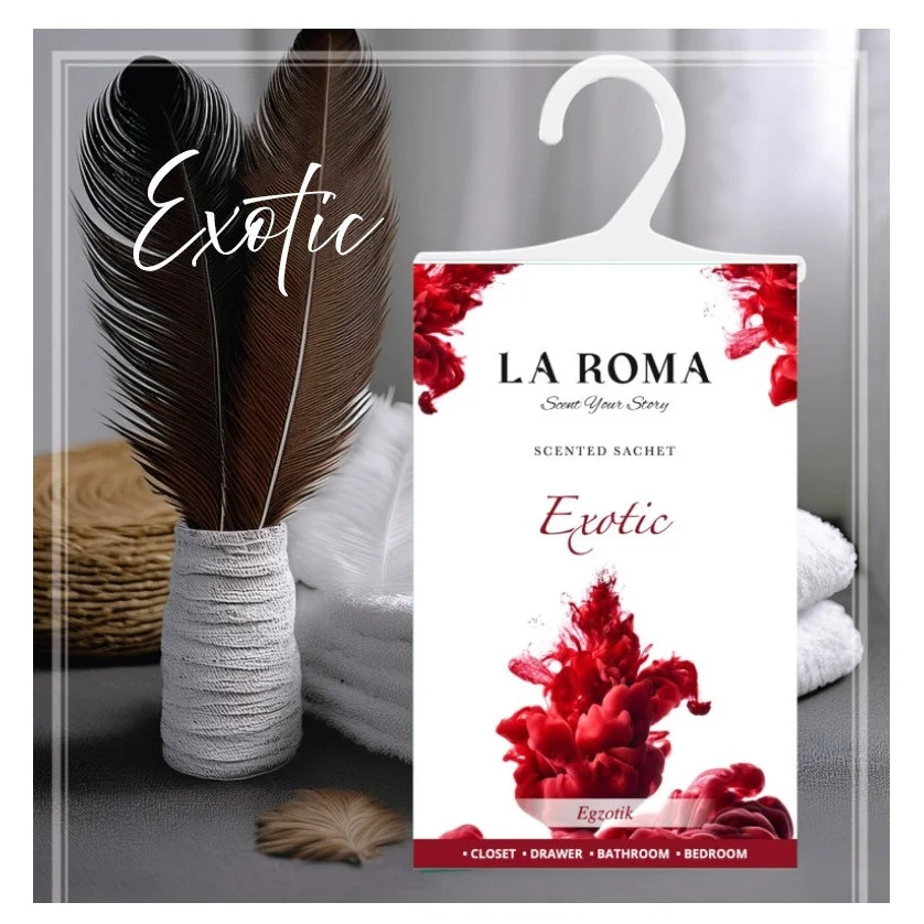 Odorizant solid universal La Roma Exotic, saculet parfumat, potrivite pentru cei care prefera aromele intense, exotice, fructate si florale, ideal pentru dressing, baie sau camera – imagine 3