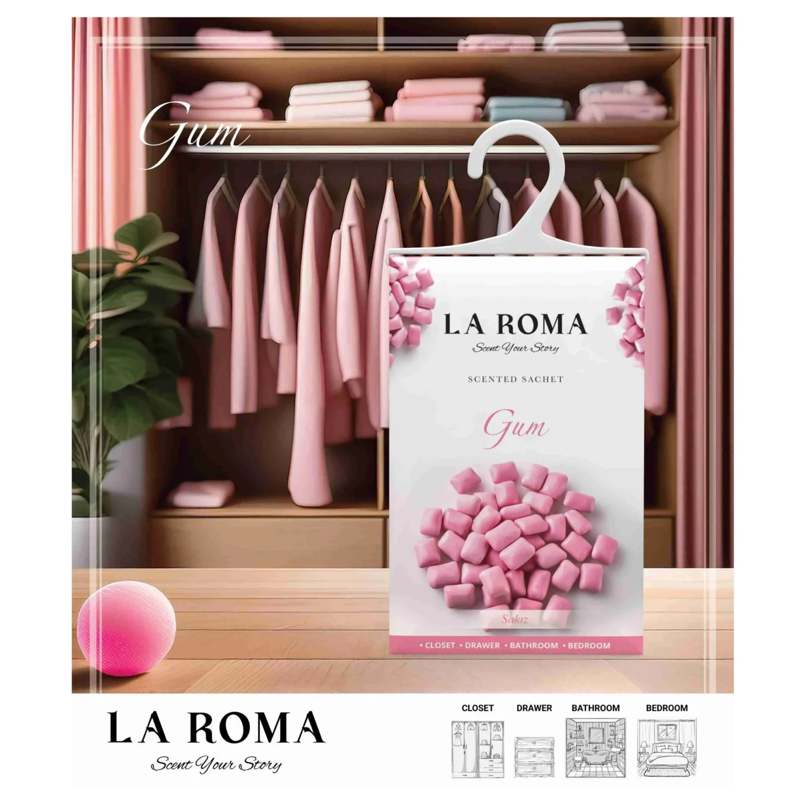 Odorizant solid universal La Roma Gum, saculet parfumat, pentru cei care iubesc aromele dulci, placute si usor de remarcat, ideal pentru dressing, baie sau camera – imagine 3