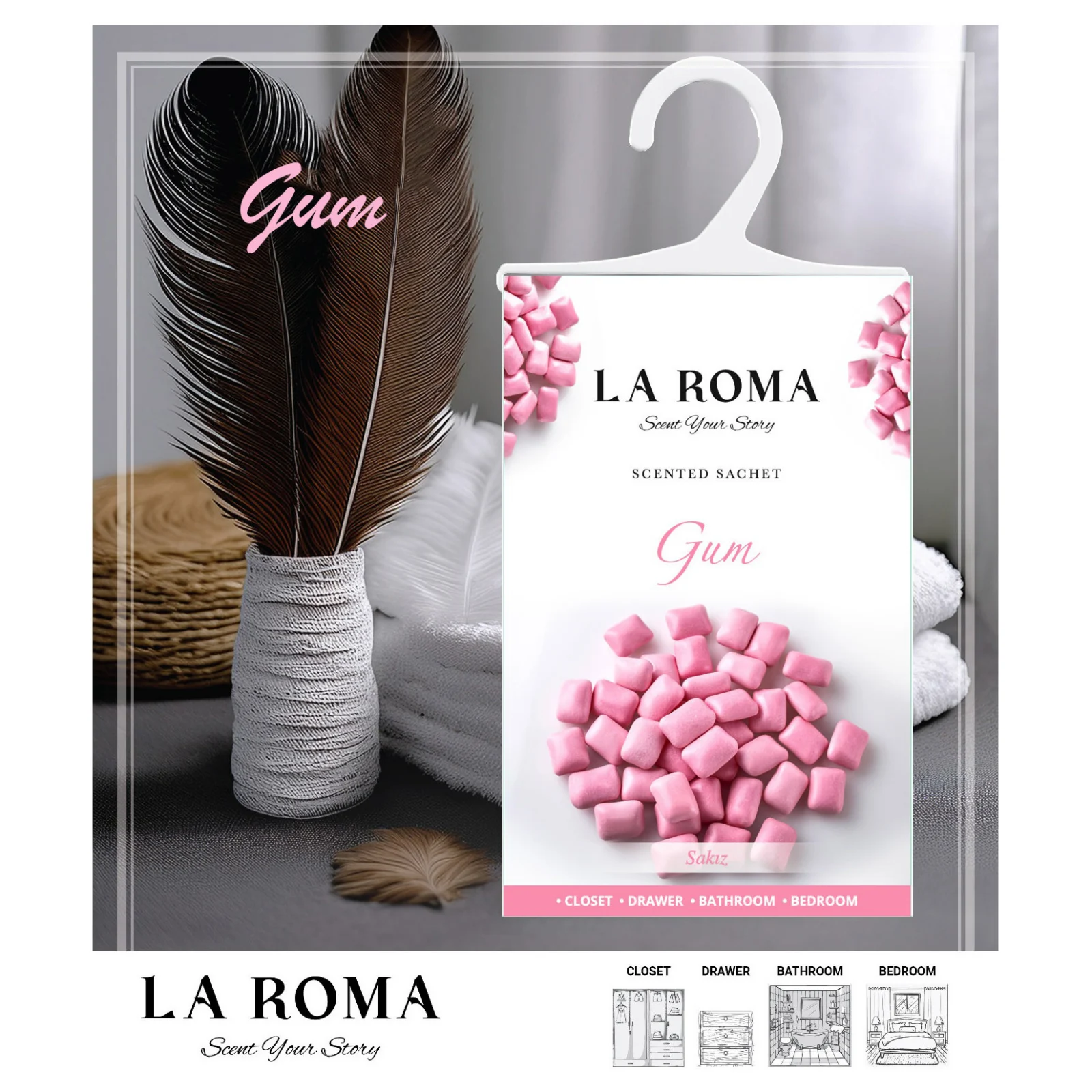 Odorizant solid universal La Roma Gum, saculet parfumat, pentru cei care iubesc aromele dulci, placute si usor de remarcat, ideal pentru dressing, baie sau camera – imagine 4