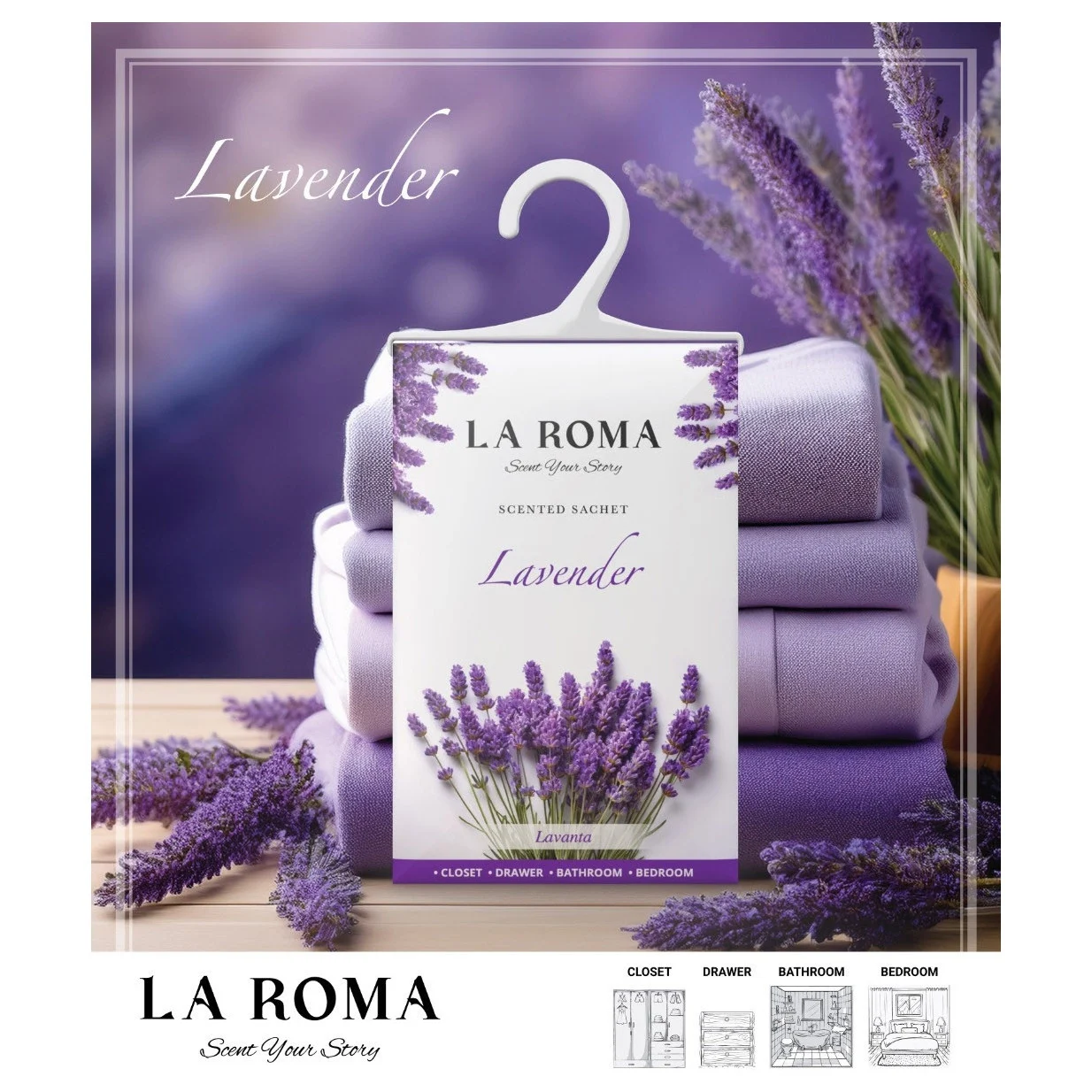 Odorizant solid universal La Roma Lavender, saculet parfumat, pentru cei care iubesc aromele florale, curate si relaxante, ideal pentru dressing, baie sau camera – imagine 4