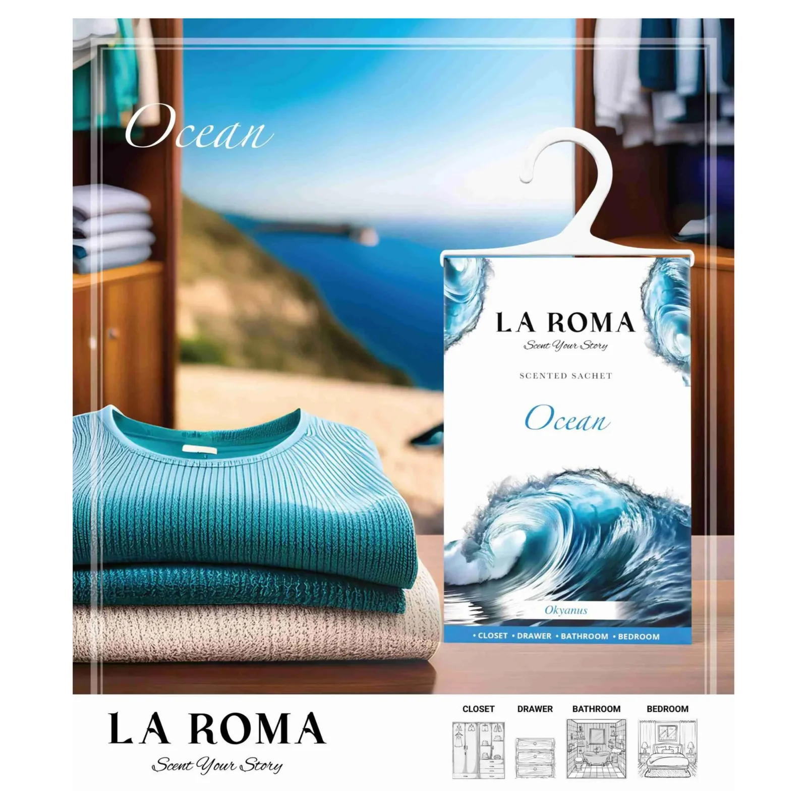Odorizant solid universal La Roma Ocean, saculet parfumat, 75g, ideal pentru dressing si baie – imagine 4