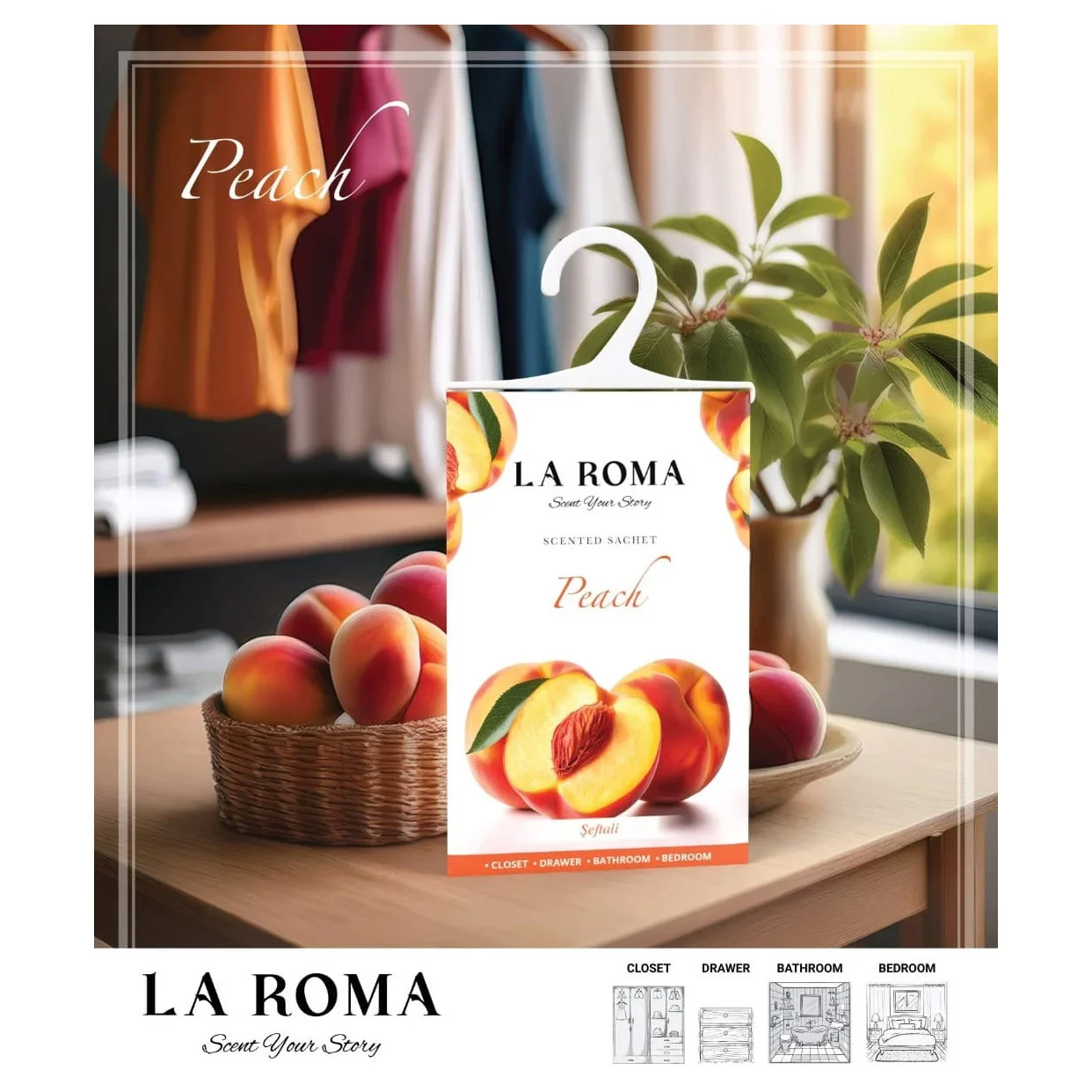 Odorizant solid universal La Roma Peach, saculet parfumat, aroma de piersica, aroma fructata, dulce si placuta, ideal pentru dressing, baie sau camera – imagine 3