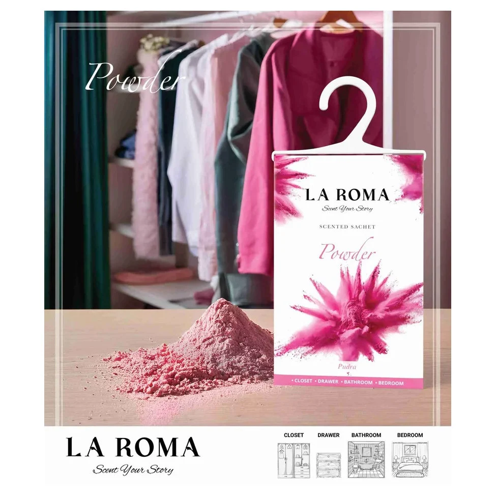 Odorizant solid universal La Roma Powder, saculet parfumat, pentru cei care apreciaza aromele fine, curate si delicate, senzatie de prospetime, ideal pentru dressing, baie sau camera – imagine 3