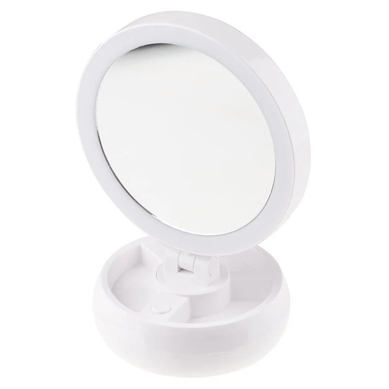 Oglinda Cosmetica de Machiaj Lumi Vanity Doty®, cu iluminare LED, spatiu de depozitate inclus, USB inclus, portabila, 15.5x22 cm, design modern, alba