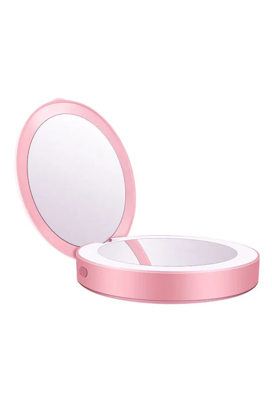 Oglinda Cosmetica dubla de buzunar PocketBeauty, cu LED, reincarcabila, zomm 5x, portabila, 8.5 cm, USB inclus, roz, Doty