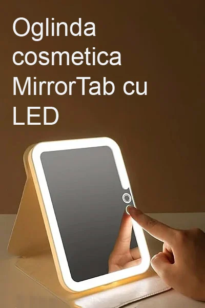 Oglinda cosmetica MirrorTab Doty®, cu LED, 3 tipuri de iluminare, design tip tableta cu husa, USB inclus, 23×17 cm, roz – prezentarea produsului