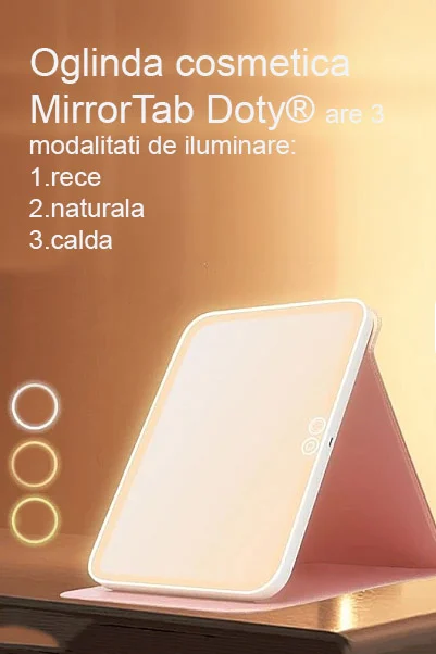 Oglinda cosmetica MirrorTab Doty®, cu LED, 3 tipuri de iluminare, design tip tableta cu husa, USB inclus, 23×17 cm, roz – prezentarea produsului