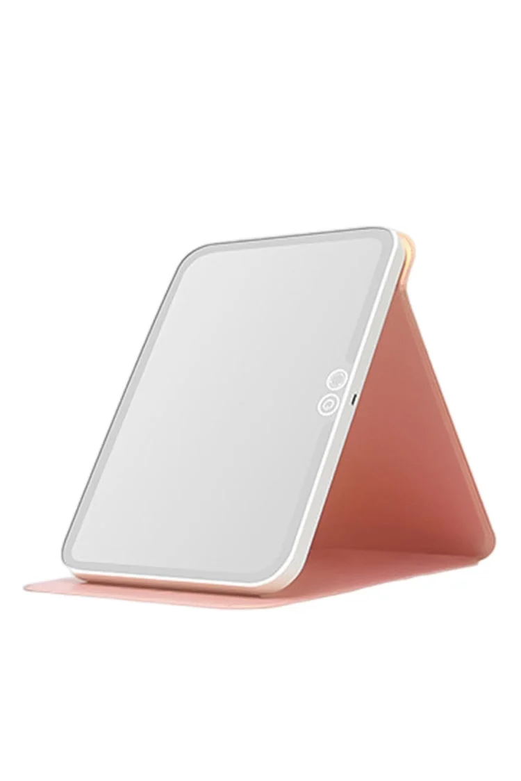 Oglinda cosmetica MirrorTab Doty®, cu LED, 3 tipuri de iluminare, design tip tableta cu husa, USB inclus, 23x17 cm, roz