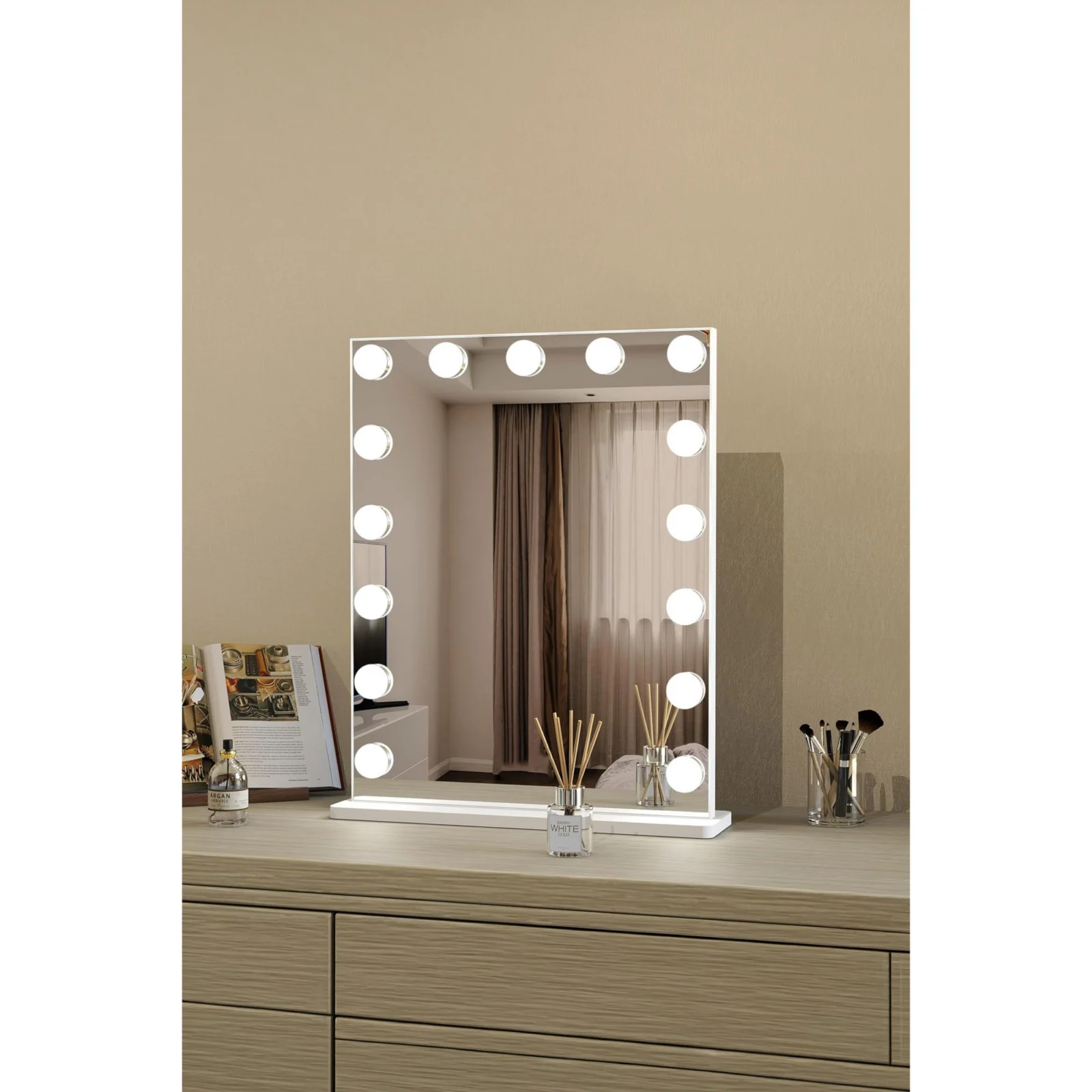 Oglinda de machiaj cu suport Hollywood Star Doty®, luminata cu 15 LED-uri luminoase, modul 3 culori, intensificator lumina, 40x50 cm – imagine 3