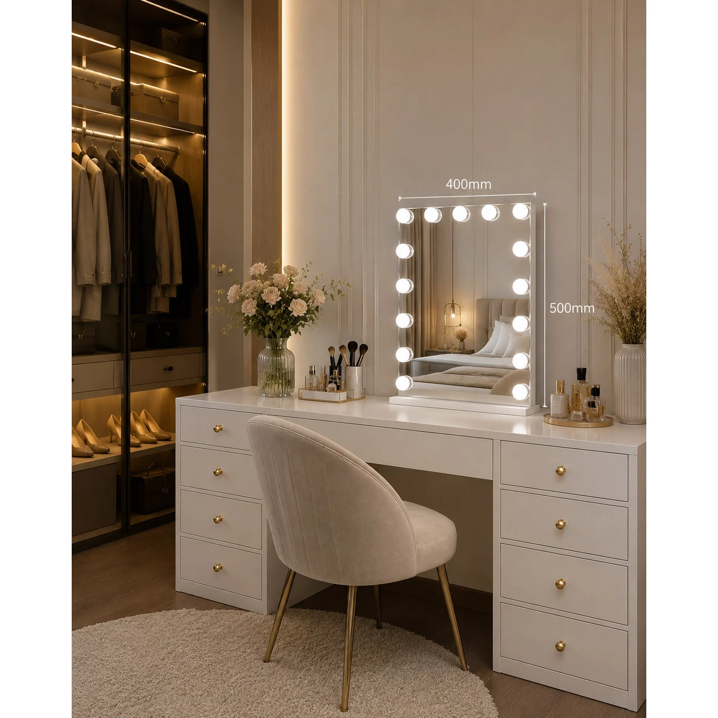 Oglinda de machiaj cu suport Hollywood Star Doty®, luminata cu 15 LED-uri luminoase, modul 3 culori, intensificator lumina, 40x50 cm – imagine 5