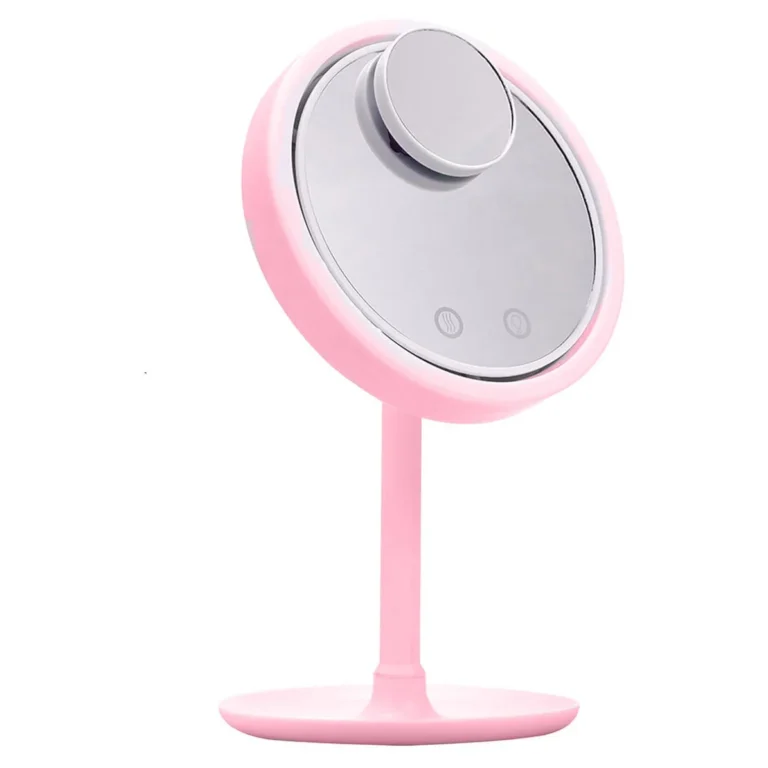 Oglinda FanLight make-up cu LED, ventilator si functie touch si mini Oglinda cu ventuze, portabila cu functie de marire 5X, roz, Doty®