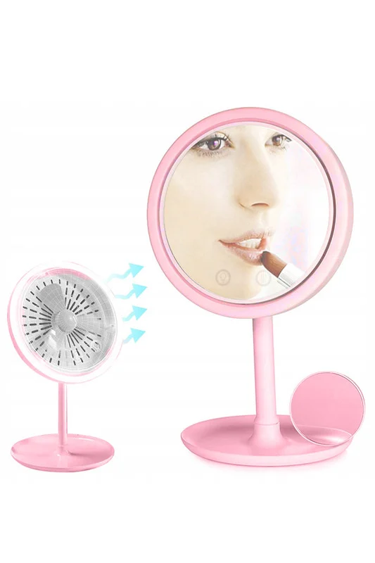 Oglinda FanLight make-up cu LED, ventilator si functie touch si mini Oglinda cu ventuze, portabila cu functie de marire 5X, roz, Doty® – prezentarea produsului