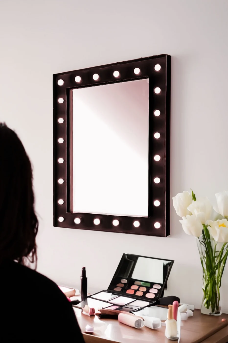 Oglinda Hollywood luminata 24 led-uri, Ilumineaza-ti frumusetea, 80×60 cm, lumina calda, negru, Doty® – prezentarea produsului