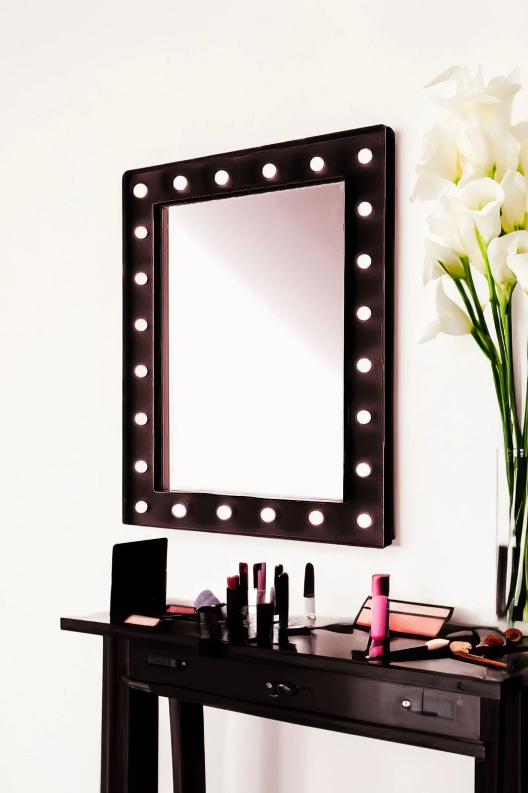 Oglinda Hollywood luminata 24 led-uri, Ilumineaza-ti frumusetea, 80x60 cm, lumina calda, negru, Doty® – imagine 5