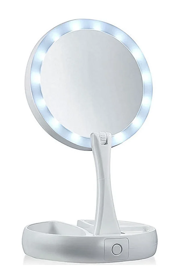 Oglinda rotunda machiaj cu iluminare LED, pliabila, 25 cm, efect de lupa, Alb, Doty