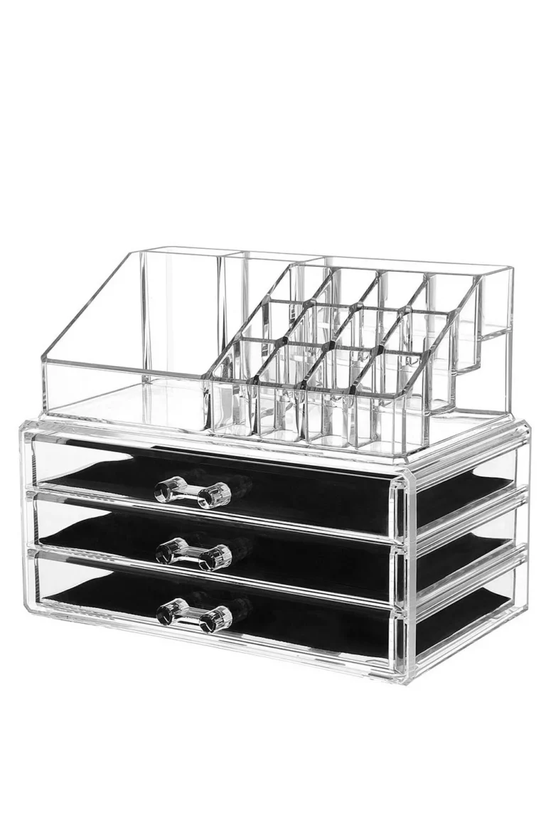 Organizator accesorii cosmetice,format din 2 parti, multiple compartimente,3 sertare si 16 compartimente,23 x 19 cm, transparent, doty