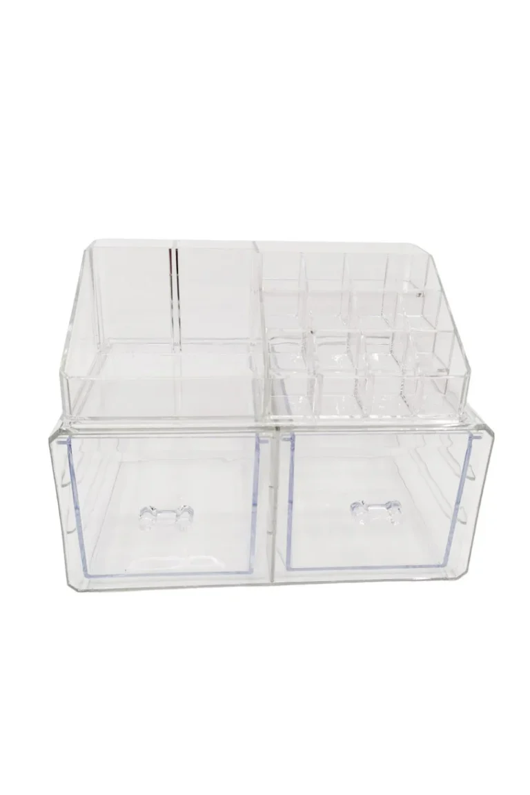 Organizator accesorii cosmetice, format din 2 parti, multiple compartimente, 2 sertare si 16 compartimente, 22x14 cm, transparent, Doty