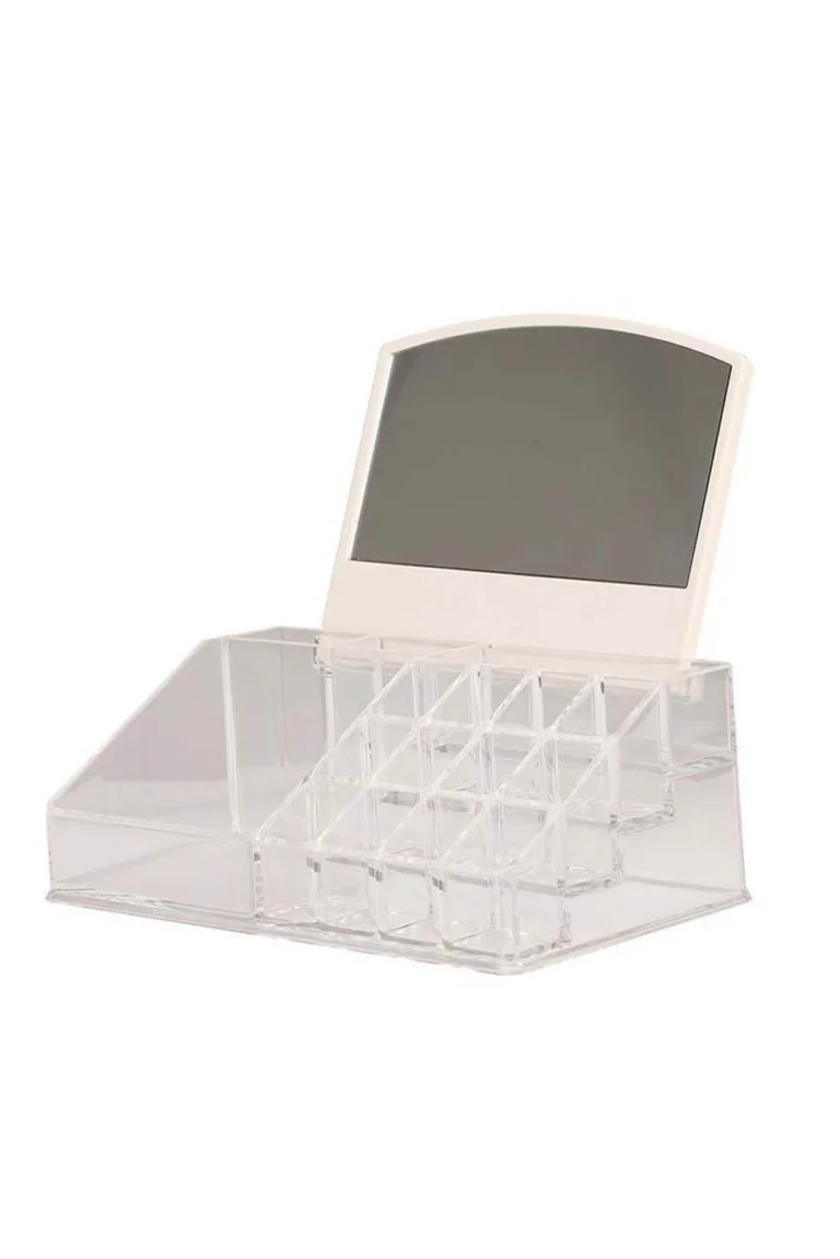 Organizator accesorii cosmetice cu oglinda detasabila, multiple compartimente 16 compartimente,23 x 14 cm,design modern,transparent, doty