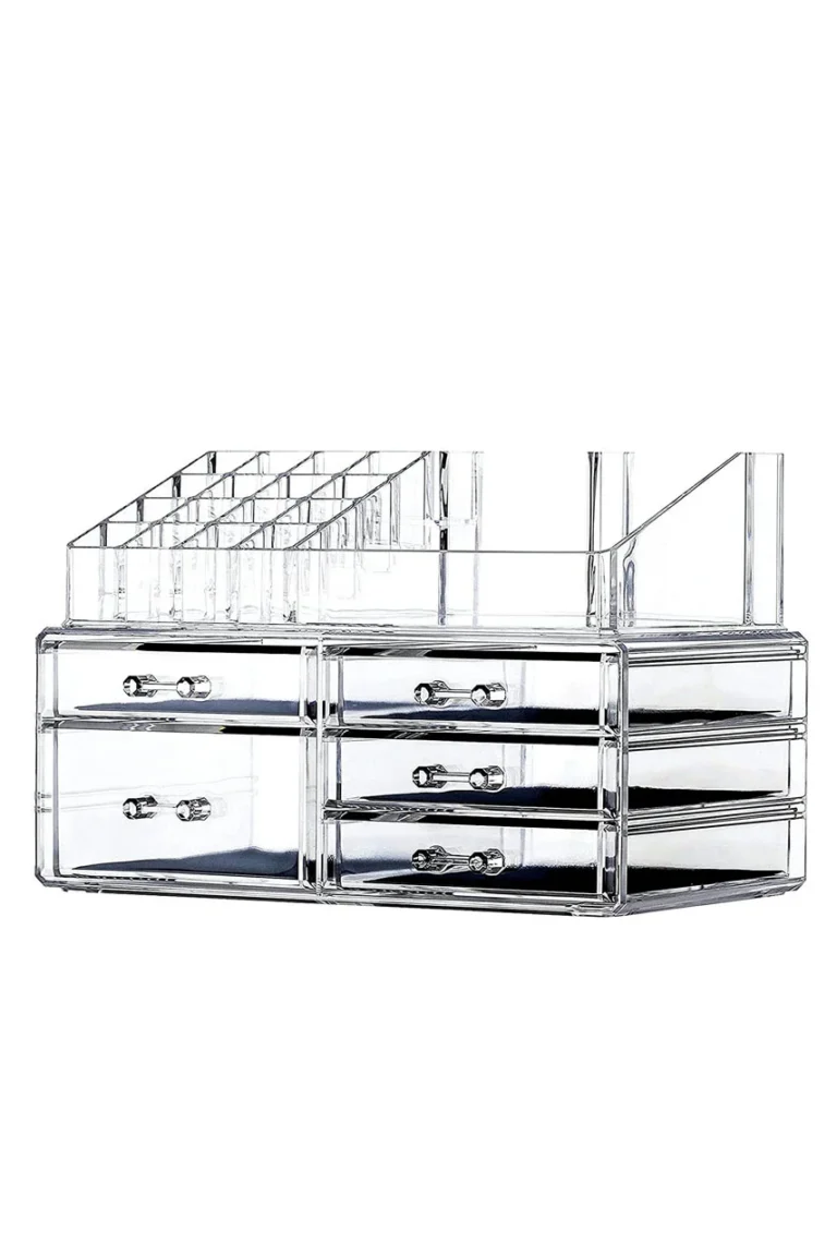 Organizator accesorii cosmetice Make up Wardrobe, format din 2 parti, multiple compartimente,5 sertare si 16 compartimente,24x19, cm, transparent, doty