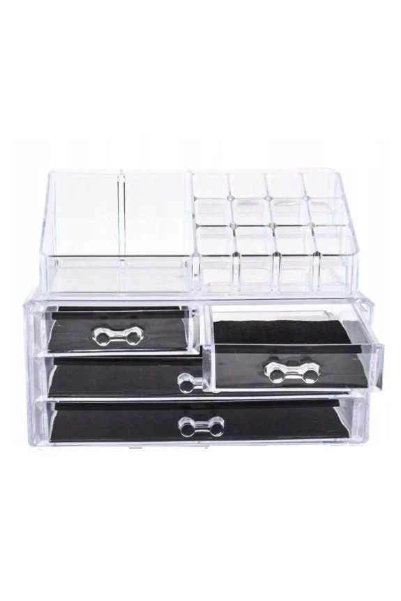 Organizator accesorii cosmetice,format din 2 parti, multiple compartimente,4 sertare si 16 compartimente,25x 20 cm, transparent, doty