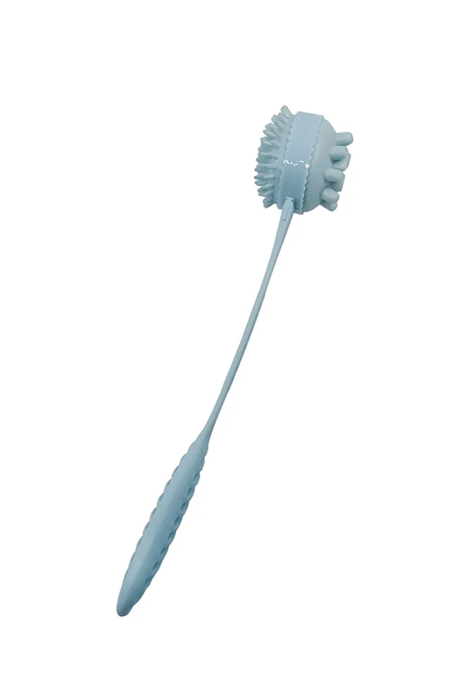 Perie de baie din silicon WashyHand Doty®, cu maner, 2 capete, deisgn ergonimic, baby blue, 37 cm – prezentarea produsului