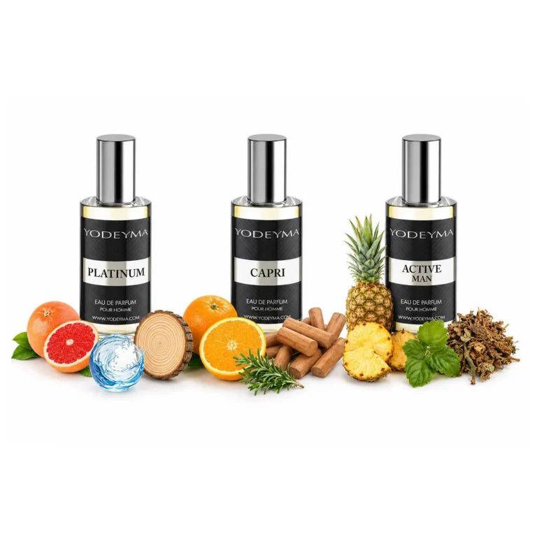 Set 3 Apa de Parfum Yodeyma pentru barbati, Active Man, Platinum si Capri, caracter comun chypre-citrus, energie, prospetime si forta masculina in trei stiluri, 3x15ml, fara cutie