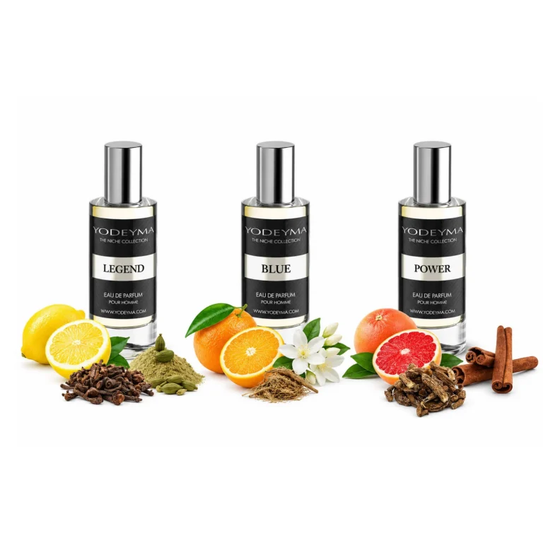 Set 3 Apa de Parfum Yodeyma pentru barbati, Power, Blue si Legend, caracter comun condimentat-lemnos, energie, eleganta si masculinitate in 3 stiluri, 3x15ml, fara cutie