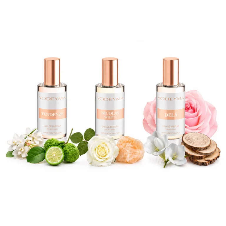 Set 3 parfumuri Yodeyma pentru femei, Tendenze, Delá si Nicolas White, caracter comun prospetime si intensitate, note florale cu accente lemnoase-dulci, 3x15ml, fara cutie
