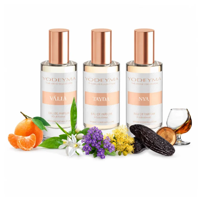Set 3 parfumuri Yodeyma pentru femei, Valia, Tayda si Nya, trio feminin, luminos, delicat si sofisticat, note florale, lemnoase si vanilate, 3x15ml, fara cutie